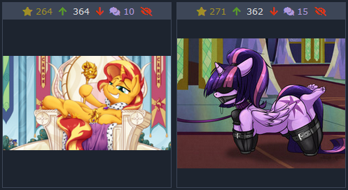 Size: 497x272 | Tagged: questionable, artist:duop-qoub, artist:pirill, derpibooru import, derpy hooves, flash sentry, sunset shimmer, twilight sparkle, twilight sparkle (alicorn), alicorn, anthro, plantigrade anthro, pony, unicorn, derpibooru, descended twilight, the last problem, banner, bdsm, bitchsuit, blindfold, bondage, breasts, bush, canon, cape, cheek fluff, clothes, collar, column, crown, cutie mark, feet, female, flower, gag, grin, happy birthday mlp:fim, horn, horn ring, image, jewelry, juxtaposition, leash, magic suppression, mare, meta, mlp fim's ninth anniversary, pet play, pettwi, plug, png, ponytail, regalia, ring, ring gag, scepter, side, sitting, smiling, smug, throne, throne room, twilight scepter, underboob