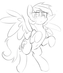 Size: 493x571 | Tagged: safe, artist:crade, derpibooru import, edit, rainbow dash, pegasus, pony, belly button, blushing, cute, explicit source, female, mare, monochrome, sfw edit, simple background, solo, spread wings, white background, wings