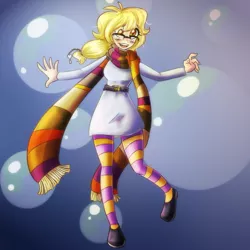 Size: 750x750 | Tagged: adorkable, artist:craftykraken, artist:jitterbugjive, clothes, cute, derpabetes, derpibooru import, derpy hooves, dork, dress, fourth doctor's scarf, human, humanized, lovestruck derpy, safe, socks, solo, stockings, striped socks, thigh highs