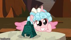Size: 360x202 | Tagged: safe, derpibooru import, edit, edited screencap, screencap, cozy glow, alicorn, pegasus, pony, the ending of the end, alicornified, animated, bell, cozy glow is best facemaker, cozybetes, cozycorn, cute, cute eyes, cuteness overload, evil cuteness, eye, eyes, gif, grogar's bell, race swap, solo