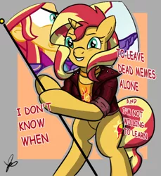 Size: 550x600 | Tagged: safe, artist:thedrizzle404, derpibooru import, edit, edited edit, sunset shimmer, pony, unicorn, equestria girls, friendship games, bipedal, caption, choker, clothes, crossing the memes, edit of an edit of an edit, exploitable meme, female, flag, flag pole, grin, hoof hold, image macro, jacket, jewelry, leather jacket, looking at you, mare, meme, signature, smiling, solo, squee, standing upright, sunset is not willing to learn, text, this cat is gay and there's nothing you can do about it