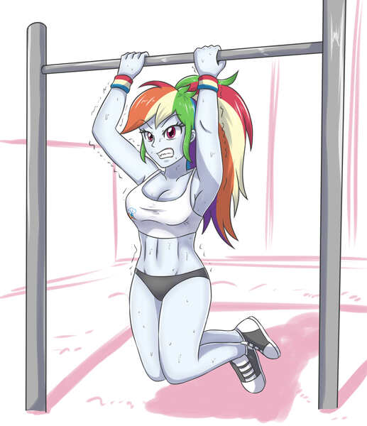 Size: 2460x2853 | Tagged: suggestive, artist:sumin6301, derpibooru import, rainbow dash, equestria girls, alternate hairstyle, armpits, belly button, breasts, busty rainbow dash, cleavage, clothes, converse, cutie mark, cutie mark on clothes, grin, shoes, smiling, solo, sports, stupid sexy rainbow dash, teeth