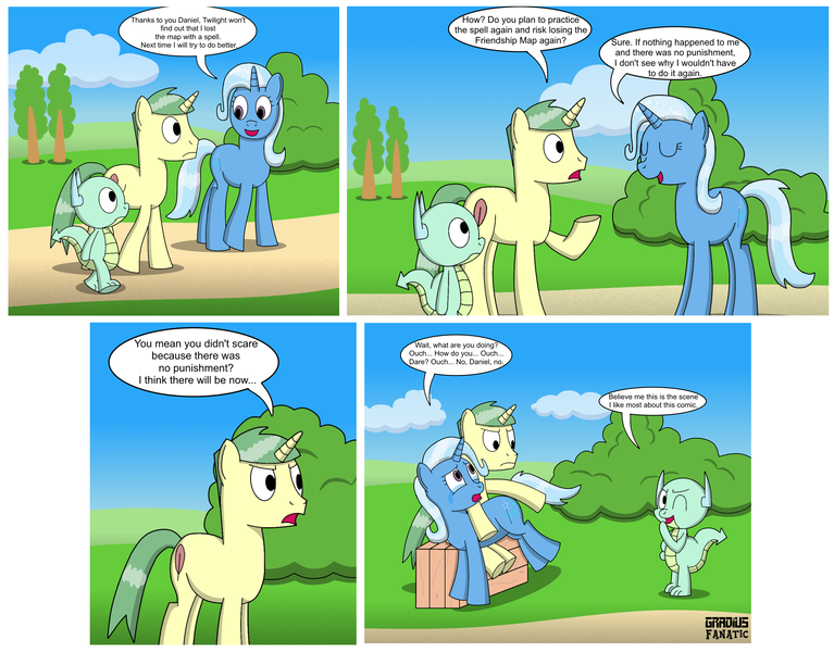 Size: 3849x3009 | Tagged: safe, artist:blackgryph0n, artist:gradiusfanatic, derpibooru import, trixie, oc, dragon, pony, unicorn, abuse, comic, crying, dialogue, engrish, spanking, trixiebuse