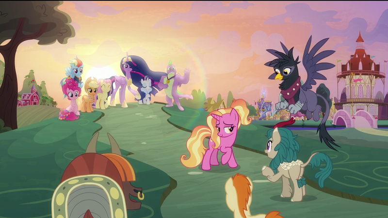 Size: 1920x1080 | Tagged: safe, derpibooru import, edit, edited screencap, screencap, applejack, fluttershy, gallop j. fry, georgia (character), luster dawn, pinkie pie, princess twilight 2.0, rainbow dash, rarity, river song (character), spike, twilight sparkle, twilight sparkle (alicorn), yelena, alicorn, dragon, earth pony, gryphon, kirin, pegasus, pony, unicorn, yak, the last problem, barn, cape, castle, clothes, ethereal mane, eyes closed, flower, flower in hair, gigachad spike, granny smith's scarf, jacket, lens flare, lidded eyes, mane seven, mane six, nose piercing, nose ring, older, older applejack, older fluttershy, older gallop j. fry, older pinkie pie, older rainbow dash, older rarity, older spike, older twilight, out of context, piercing, ponyville, quadrupedal, removed eyebag edit, smiling, sunset, sweet apple acres, waving, winged spike