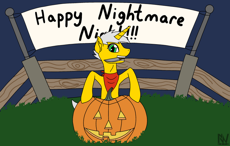 Size: 2550x1624 | Tagged: safe, artist:nightwind-arts, derpibooru import, oc, oc:razorwire, unofficial characters only, pony, unicorn, fallout equestria, bandana, banner, female, fence, halloween, holiday, horn, jack-o-lantern, knife, mare, pumpkin, raider, solo, unicorn oc