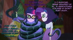 Size: 1196x668 | Tagged: safe, artist:snakeythingy, derpibooru import, edit, rarity, sci-twi, twilight sparkle, human, dance magic, equestria girls, spoiler:eqg specials, barrette, belt, bracelet, clothes, coiling, coils, cute, female, forest, glasses, hood, hypno eyes, jewelry, kaa, kaa eyes, looking at each other, massage, mind control, peril, ponytail, skirt, smiling, spirals, text