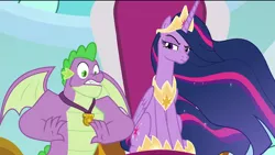 Size: 1920x1080 | Tagged: safe, derpibooru import, screencap, princess twilight 2.0, spike, twilight sparkle, twilight sparkle (alicorn), alicorn, dragon, pony, the last problem, angry, crown, duo, ethereal mane, faic, female, folded wings, gigachad spike, hoof shoes, jewelry, male, mare, older, older spike, peytral, regalia, sitting, spread wings, surprised, throne, throne room, winged spike, wings