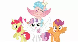 Size: 2000x1080 | Tagged: safe, derpibooru import, apple bloom, cozy glow, scootaloo, sweetie belle, alicorn, pony, the ending of the end, alicornified, bloomicorn, cozycorn, cutie mark crusaders, harsher in hindsight, race swap, scootacorn, sweetiecorn, this will not end well, xk-class end-of-the-world scenario