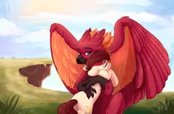 Size: 2874x1885 | Tagged: safe, artist:survya, derpibooru import, oc, oc:appleale, oc:arcus flamefeather, unofficial characters only, classical hippogriff, earth pony, hippogriff, pony, hug, wholesome