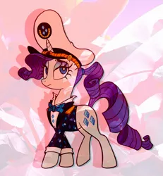 Size: 769x831 | Tagged: safe, artist:littmosa, derpibooru import, rarity, pony, unicorn, ppov, bow, bowtie, captain, captain rarity, clothes, costume, female, gem, grace, hat, pink background, ponytail, simple background, solo