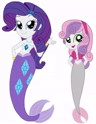 Size: 612x789 | Tagged: safe, artist:cruelladevil84, derpibooru import, editor:thomasfan45, rarity, sweetie belle, mermaid, equestria girls, bandeau, bare arms, bare shoulders, barrette, belly button, bracelet, clothes, cute, cutie mark on tail, diasweetes, female, fins, jewelry, mermaid tail, mermaidized, midriff, necklace, open mouth, pearl necklace, raribetes, sexy, short shirt, siblings, simple background, sisters, smiling, species swap, tail, vector, white background