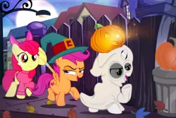 Size: 1280x854 | Tagged: safe, artist:pixelkitties, derpibooru import, apple bloom, scootaloo, sweetie belle, earth pony, ghost, pegasus, pony, undead, unicorn, bedsheet ghost, clothes, costume, cutie mark crusaders, fence, ghost costume, halloween, halloween costume, hat, holiday, jack-o-lantern, leaves, nightmare night, pumpkin, streetlight, witch costume, witch hat