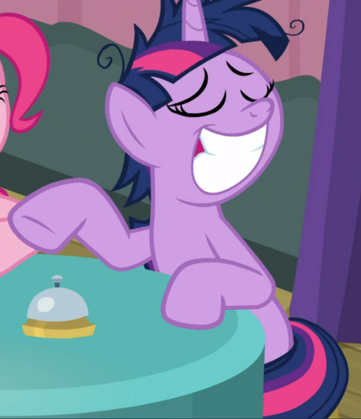 Size: 808x938 | Tagged: safe, derpibooru import, screencap, twilight sparkle, twilight sparkle (alicorn), alicorn, pony, a trivial pursuit, bell, big smile, cropped, eyes closed, grin, messy mane, offscreen character, proud, sitting, smiling, solo focus, table, teeth