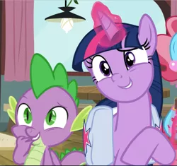 Size: 1003x941 | Tagged: safe, derpibooru import, screencap, spike, twilight sparkle, twilight sparkle (alicorn), alicorn, dragon, a trivial pursuit, amused, baby, baby dragon, bag, claws, cropped, cute, duo focus, female, glowing horn, green eyes, grin, hand over mouth, horn, levitation, looking at someone, magic, magic aura, male, mare, obscured face, offscreen character, purple eyes, raised eyebrow, raised hoof, saddle bag, slit eyes, smiling, smirk, spikabetes, telekinesis, twiabetes, winged spike