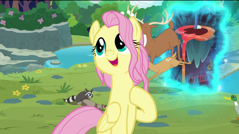 Size: 1920x1080 | Tagged: safe, derpibooru import, edit, edited screencap, screencap, fluttershy, bird, deer, duck, pegasus, pony, raccoon, the last problem, doe, female, flower, flower in hair, happy, jumping, older, older fluttershy, removed eyebag edit, river, singing, smiling, solo, stag, the discord zone, tree, wormhole