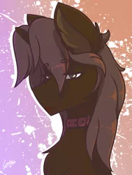 Size: 815x1080 | Tagged: safe, artist:chebypattern, derpibooru import, oc, oc:chebypattern, unofficial characters only, alicorn, pony, abstract background, alicorn oc, bedroom eyes, bisexual, bust, collar, eyelashes, femboy, horn, lipstick, makeup, male, portrait, simple background, solo, stallion, wings