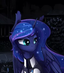 Size: 3500x4000 | Tagged: safe, artist:mithriss, derpibooru import, princess luna, alicorn, pony, bust, cheek fluff, clothes, commission, cosplay, costume, crossover, detroit: become human, female, folded wings, high res, jacket, mare, night, rk900, solo, wings