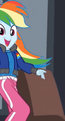 Size: 355x663 | Tagged: safe, derpibooru import, screencap, pinkie pie, rainbow dash, eqg summertime shorts, equestria girls, get the show on the road, animated, cropped, gif, hip sway, rapper dash, solo focus, swaying hips