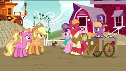 Size: 1920x1080 | Tagged: safe, derpibooru import, edit, edited screencap, screencap, apple bloom, applejack, big macintosh, brandy (g4), cookie (character), dakota (character), fritter (character), granny smith, little mac, luster dawn, sugar belle, wichita (character), dog, earth pony, pony, unicorn, the last problem, apple, apple family, aunt and nephew, brother and sister, carrot, colt, farm, father and child, father and son, female, foal, food, granny smith's scarf, happy, husband and wife, male, mare, mother and child, mother and son, older, older applejack, older big macintosh, older sugar belle, raised leg, removed eyebag edit, shipping, siblings, smiling, stallion, straight, sugarmac, sweet apple acres, wagon