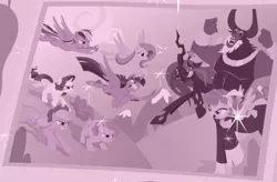Size: 686x449 | Tagged: safe, derpibooru import, screencap, applejack, cozy glow, fluttershy, lord tirek, pinkie pie, queen chrysalis, rainbow dash, rarity, twilight sparkle, twilight sparkle (alicorn), alicorn, centaur, changeling, changeling queen, earth pony, pegasus, pony, unicorn, the last problem, animation error, applejack's hat, bow, cloven hooves, colored hooves, cowboy hat, cropped, female, fight, filly, flying, former queen chrysalis, hair bow, hat, legion of doom, male, mane six, mare, newspaper, nose piercing, nose ring, piercing, sparkles