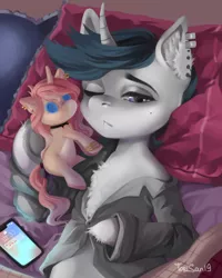 Size: 4000x5000 | Tagged: safe, artist:torisan, derpibooru import, oc, unofficial characters only, pony, unicorn, bed, chest fluff, clothes, commission, ear piercing, earring, horn, jewelry, mobile phone, necklace, one eye closed, phone, piercing, pillow, plushie, sleepy, smartphone, solo, unicorn oc, wink, ych result