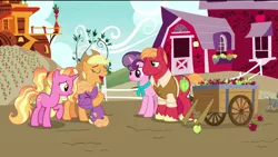 Size: 1920x1080 | Tagged: safe, derpibooru import, edit, edited screencap, screencap, applejack, big macintosh, brandy (g4), cookie (character), fritter (character), little mac, luster dawn, sugar belle, wichita (character), dog, earth pony, pony, unicorn, the last problem, apple, aunt and nephew, barn, big sugar, brother and sister, carrot, colt, eyes closed, father and child, father and son, female, foal, food, granny smith's scarf, happy, hug, husband and wife, male, mare, mother and child, mother and son, older, older applejack, older big macintosh, older sugar belle, removed eyebag edit, siblings, smiling, stallion, sweet apple acres, wagon