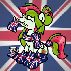 Size: 2100x2100 | Tagged: safe, artist:sjart117, derpibooru import, oc, oc:watermelana, unofficial characters only, pegasus, pony, blushing, britain, british, clothes, coaster, cup, england, eyes closed, female, flag, food, freckles, happy, mare, mouth hold, patriotic, patriotism, scarf, shoes, sitting, socks, solo, tea, teabag, teacup, union jack, united kingdom