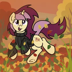 Size: 2100x2100 | Tagged: safe, artist:sjart117, derpibooru import, oc, oc:lannie lona, unofficial characters only, pony, unicorn, autumn, clothes, female, grass, happy, jumper, jumping, leaf, leaping, leaves, mare, smiling, solo, sweater, tree, turtleneck, underhoof