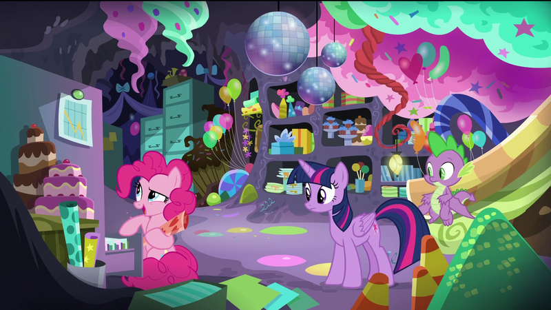 Size: 1920x1080 | Tagged: safe, derpibooru import, screencap, pinkie pie, spike, twilight sparkle, twilight sparkle (alicorn), alicorn, dragon, earth pony, pony, the last problem, balloon, bow, box, cake, candy, candy cane, confused, cupcake, disco ball, female, file, file cabinet, food, graph, gumdrop, happy, male, mare, mint, party cave, present, ribbon, smiling, traffic cone, winged spike, wrapping paper