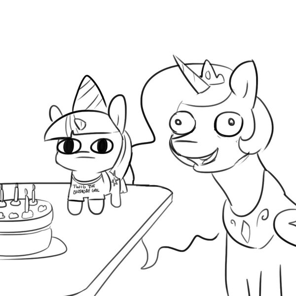 Size: 1152x1152 | Tagged: safe, artist:tjpones, derpibooru import, princess celestia, twilight sparkle, pony, cake, clothes, dick the birthday boy, duo, faic, female, food, hat, jewelry, mare, party hat, red letter media, regalia, rich evans, shirt, t-shirt, twiggie