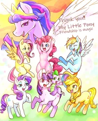 Size: 1200x1484 | Tagged: safe, artist:hobilo, derpibooru import, applejack, fluttershy, pinkie pie, princess twilight 2.0, rainbow dash, rarity, spike, twilight sparkle, twilight sparkle (alicorn), alicorn, dragon, earth pony, pegasus, pony, unicorn, the last problem, cowboy hat, dragons riding ponies, end of ponies, female, flying, hat, male, mane seven, mane six, mare, older, older twilight, open mouth, pixiv, riding, thank you, unicorn twilight