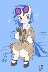 Size: 800x1200 | Tagged: safe, artist:yanamosuda, derpibooru import, vinyl scratch, pony, unicorn, bench, bipedal, blue background, blushing, clothes, cute, dexterous hooves, dress, earbuds, female, mare, music notes, music player, shoes, simple background, sitting, solo, vinylbetes
