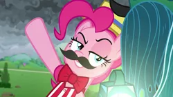 Size: 1920x1080 | Tagged: safe, derpibooru import, screencap, pinkie pie, queen chrysalis, earth pony, the ending of the end, bell, boater hat, bowtie, carny, clothes, evil grin, fake moustache, female, gesture, grin, grogar's bell, hat, lidded eyes, mare, raised eyebrow, raised hoof, shirt, smiling, striped shirt