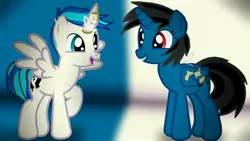 Size: 3840x2160 | Tagged: safe, artist:agkandphotomaker2000, derpibooru import, vinyl scratch, oc, oc:pony video maker, pegasus, pony, unicorn, canon x oc, cardboard horn, cardboard wings, disguise, disguised as each other, dyed hair, fake cutie mark, fake wings, female, male, palette swap, recolor, shipping, straight, videoscratch