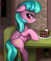 Size: 2340x2790 | Tagged: safe, artist:celsian, derpibooru import, pegasus, pony, background pony, blushing, cake, chair, desk, female, floppy ears, flower flight, food, lidded eyes, looking at you, mare, our town, raised hoof, sitting, smiling, solo