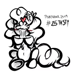 Size: 3327x3234 | Tagged: safe, artist:coco-drillo, derpibooru import, pinkie pie, earth pony, pony, belly button, blushing, chest fluff, cupcake, ear fluff, food, heart, inktober, monochrome, pinktober, sitting, solo, tasty