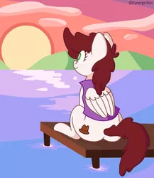 Size: 2600x3000 | Tagged: safe, artist:synergicstar, derpibooru import, oc, oc:graph travel, unofficial characters only, pegasus, pony, clothes, cloud, female, freckles, mare, mountain, ocean, pier, sitting, smiling, solo, sunset, vest