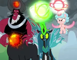 Size: 1364x1062 | Tagged: safe, derpibooru import, screencap, cozy glow, lord tirek, queen chrysalis, alicorn, centaur, changeling, pony, the ending of the end, alicornified, armor, cozycorn, cropped, female, filly, flying, glowing horn, horn, magic, magic ball, male, powering up, race swap, trio, uh oh, ultimate chrysalis, well fuck