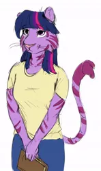 Size: 394x664 | Tagged: anthro, artist:anticular, big cat, book, clothes, context in source, derpibooru import, ear fluff, female, furry, inside joke, lidded eyes, safe, shirt, simple background, smiling, solo, species swap, tiger, twiger, twilight sparkle, white background