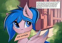 Size: 2026x1395 | Tagged: safe, artist:twiren, derpibooru import, oc, oc:rennie, pegasus, pony, comic:the royal business, announcement, cheek fluff, comic, ear fluff, female, fluffy, letter, mouth hold, ponytail, solo, text, wings