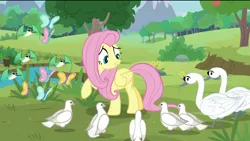 Size: 1920x1080 | Tagged: safe, derpibooru import, screencap, eloise, fluttershy, hubert (swan), josephine, bird, butterfly, dove, hummingbird, pegasus, pony, swan, the last problem, animal, cute, female, grass, grin, happy, mare, outdoors, pond, raised hoof, river, shyabetes, smiling, tree, wide eyes