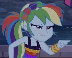 Size: 842x683 | Tagged: safe, derpibooru import, screencap, rainbow dash, equestria girls, equestria girls series, spring breakdown, spoiler:eqg series (season 2), angry, beautiful, cropped, pointing, sleeveless, solo