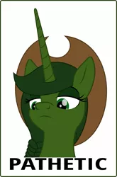 Size: 987x1495 | Tagged: safe, artist:grypher, derpibooru import, oc, oc:sheriff green, unofficial characters only, alicorn, pony, fallout equestria, fallout equestria: red 36, alicorn oc, artificial alicorn, braid, cowboy hat, fanfic art, frown, green alicorn (fo:e), hat, horn, lidded eyes, meme, pathetic, simple background, unimpressed, wings