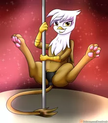 Size: 2300x2600 | Tagged: suggestive, artist:novaspark, derpibooru import, gilda, gryphon, butt, clothes, female, image, looking at you, panties, paw pads, paws, plot, png, pole dancing, smiling, solo, solo female, stripper pole, underwear