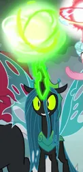 Size: 513x1053 | Tagged: safe, derpibooru import, screencap, cozy glow, lord tirek, queen chrysalis, alicorn, centaur, changeling, changeling queen, pony, the ending of the end, alicornified, cropped, evil grin, female, filly, flying, former queen chrysalis, glowing horn, grin, horn, magic, magic ball, male, powering up, race swap, smiling, solo focus, spread wings, trio, ultimate chrysalis, wings
