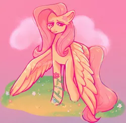 Size: 1280x1248 | Tagged: safe, artist:tailsmaster, derpibooru import, fluttershy, pegasus, pony, cloud, cute, ear fluff, female, flower, flower in hair, looking away, mare, shyabetes, solo, spread wings, standing, three quarter view, wings, wings down