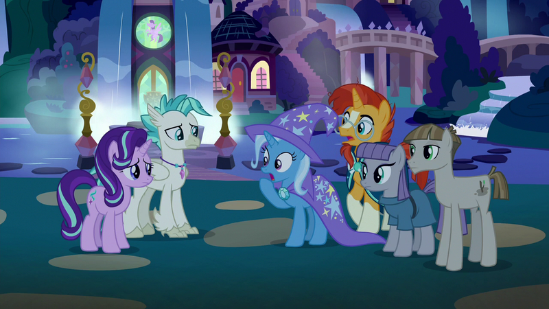 Size: 1280x720 | Tagged: safe, derpibooru import, screencap, maud pie, mudbriar, starlight glimmer, sunburst, terramar, trixie, pony, student counsel