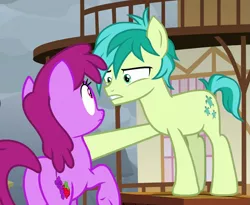 Size: 1033x847 | Tagged: safe, derpibooru import, screencap, berry punch, berryshine, sandbar, pony, the ending of the end, cropped, eye contact, female, looking at each other, male, mare, narrowed eyes, ponyville, ponyville town hall, soapbox, teenager, wide eyes