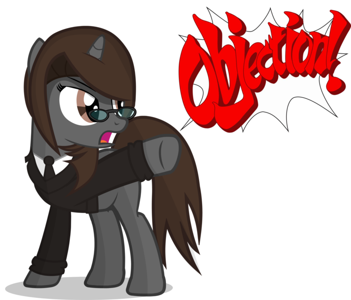 Size: 3500x3000 | Tagged: safe, artist:duskyzombie, derpibooru import, oc, oc:sonata, pony, unicorn, ace attorney, clothes, crossover, elements of justice, female, mare, objection, simple background, solo, suit, transparent background, turnabout storm