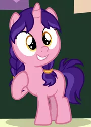 Size: 649x899 | Tagged: safe, derpibooru import, screencap, candy grapes, raspberry dazzle, pony, unicorn, the ending of the end, braid, cropped, female, filly, hoof on chest, ponytail, smiling